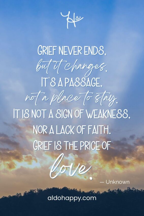 aesthetic grief quote from a little dose of happy that says, "Grief never ends, but it changes. It's a passage, not a place to stay. It is not a sign of weakness, nor a lack of faith. Grief is the price of love." by Unknown.jpg