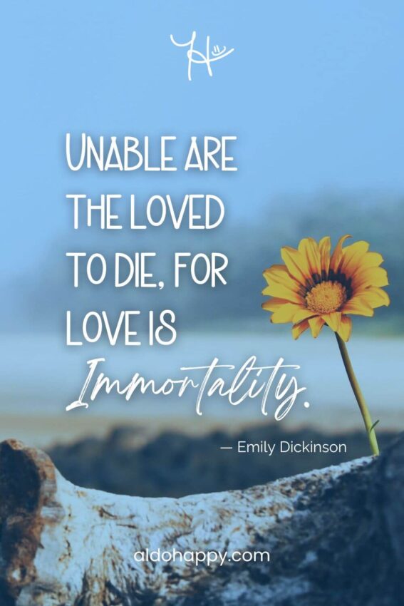 aesthetic grief quote from a little dose of happy that says, "Unable are the loved to die, for love is immortality." by Emily Dickinson