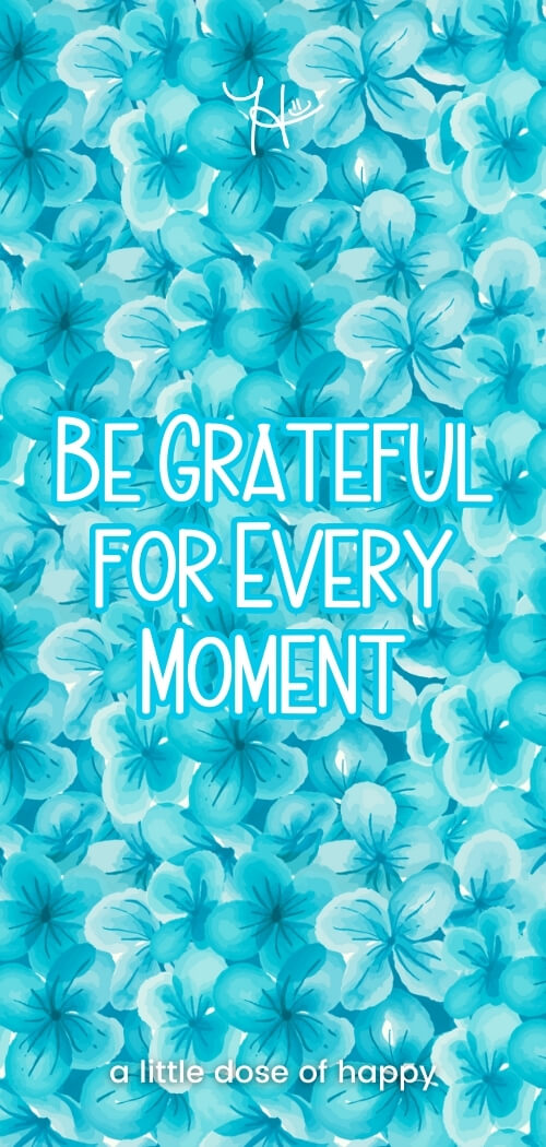 Inspirational blue aesthetic wallpaper from a little dose of happy (aldohappy.com) that says, "Be Grateful for Every Moment"