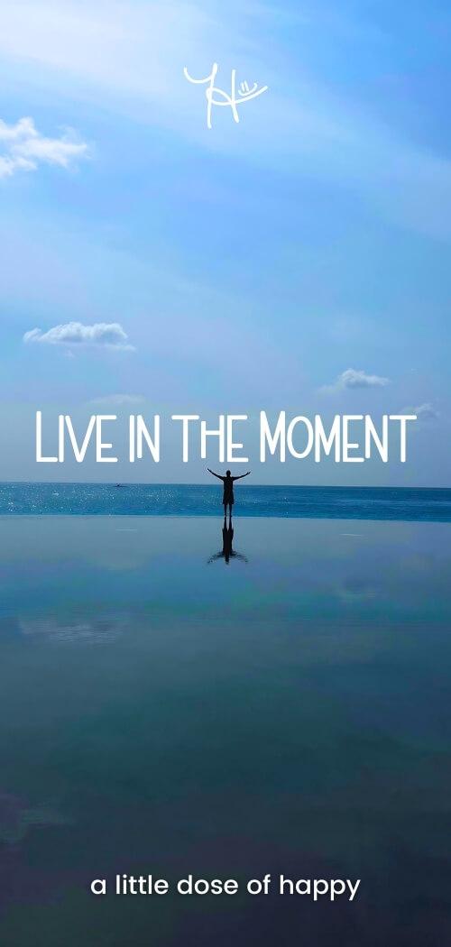 Inspirational blue aesthetic wallpaper from a little dose of happy (aldohappy.com) that says, "Live in the Moment"