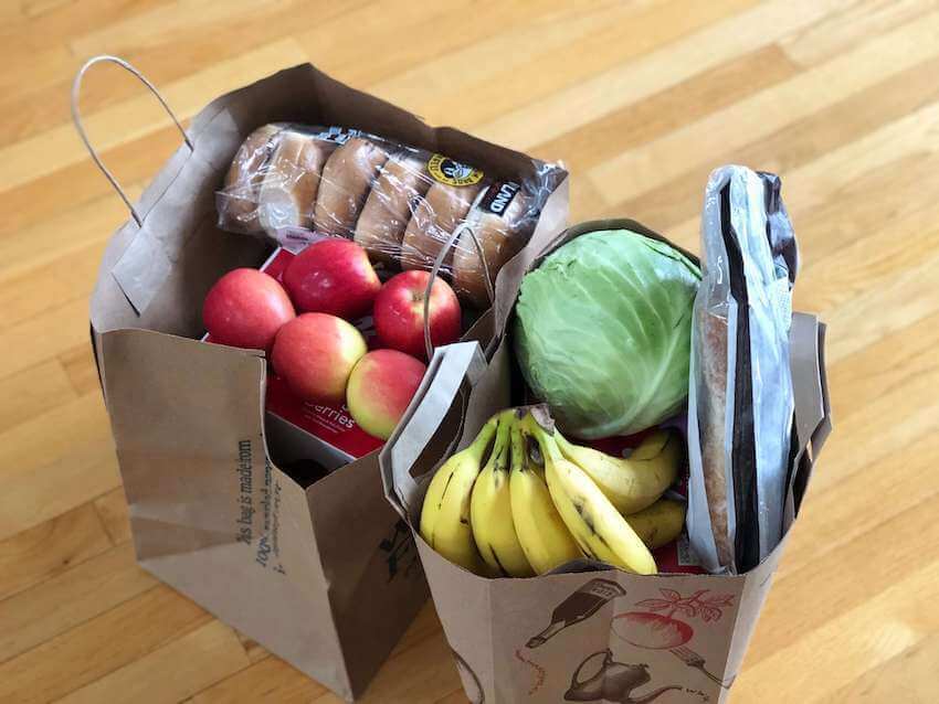 two bags of neatly arranged groceries