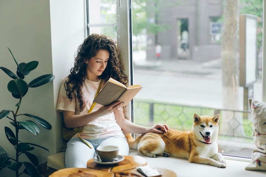 woman sitting in a bay window with her dog, reading a book