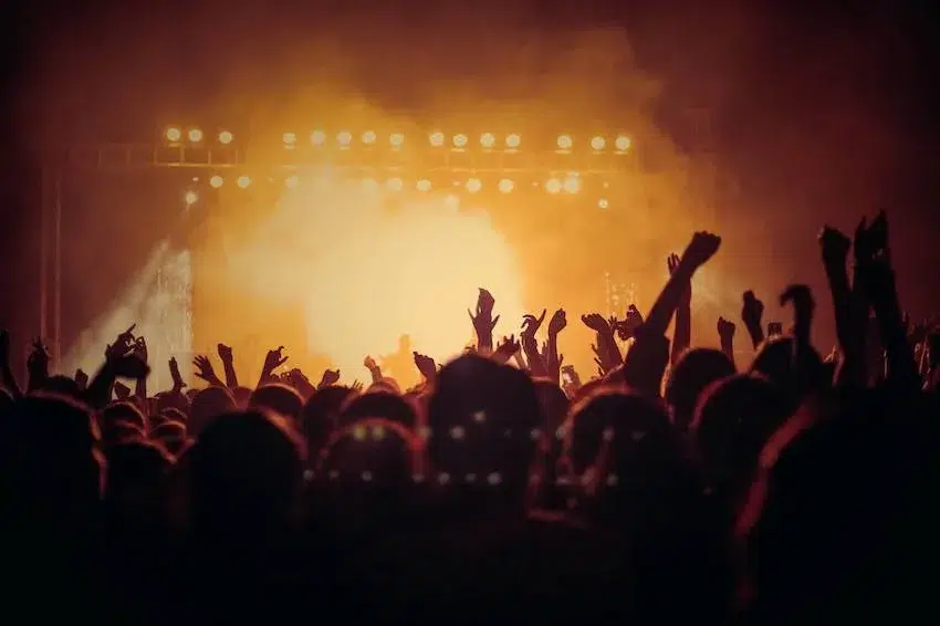 concertgoers with their arms up