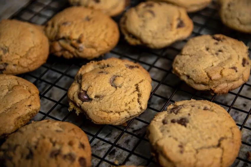 freshly baked chocolate chip cookies on a cooling rack
