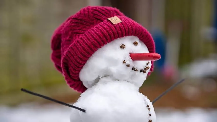 a smiling snowman wearing a red beanie