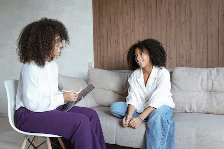 two women talking