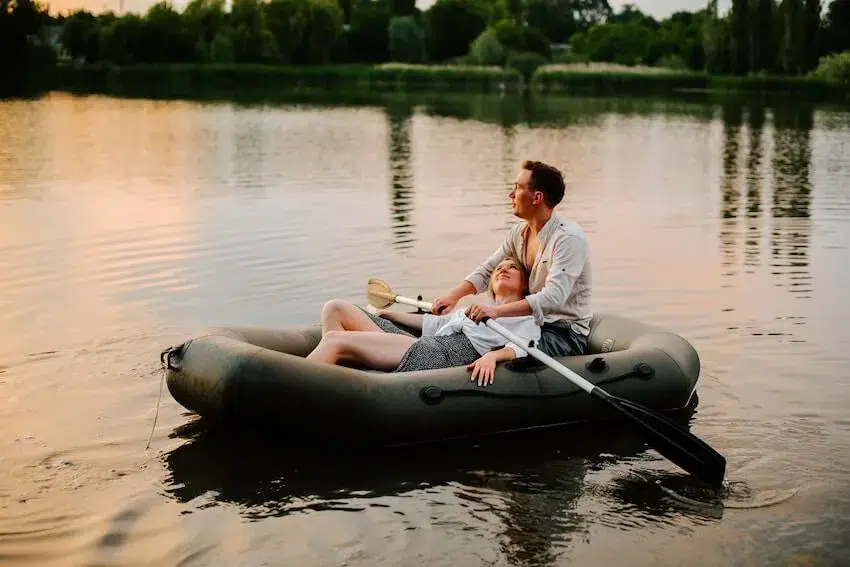 woman laying on man on float