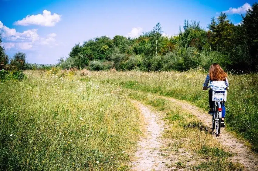 woman riding a bicycle along a path in the woods